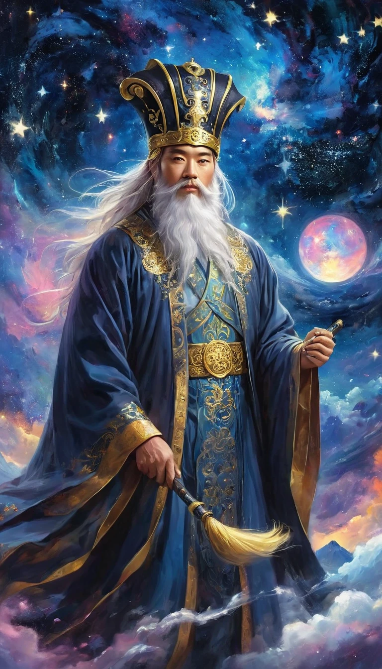 a wise old Chinese Taoist sorcerer in flowing black robe, long white beard and eyebrows, wearing a traditional scholar's hat, standing on a mountain peak gazing at the starry night sky, surrounded by glowing mystical runes and symbols, ethereal atmosphere, highly detailed, cinematic lighting, digital art, concept art, fantasy,Movie Stills, Widescreen, best quality, masterpiece, very aesthetic, Perfect composition, Intricate details, Extremely detailed, Bright colors