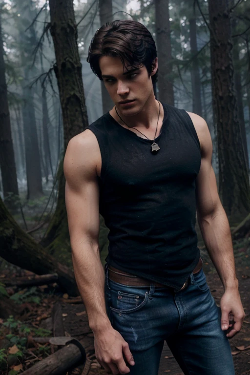 Jeremy Gilbert,Steven R. McQueen, Teen Wolf, 18 years old, short messy black hair, muscular build, blue eyes, black sleeveless shirt, blue denim vest, dark blue jeans, black belt, colored combat boots light brown, bat pendant, forest background with fog