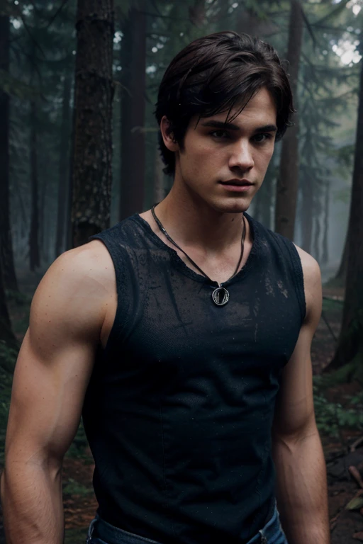 Jeremy Gilbert,Steven R. McQueen, Wolf, 18 years old, short messy black hair, muscular build, blue eyes, black sleeveless shirt, blue denim vest, dark blue jeans, black belt, colored combat boots light brown, bat pendant, forest background with fog