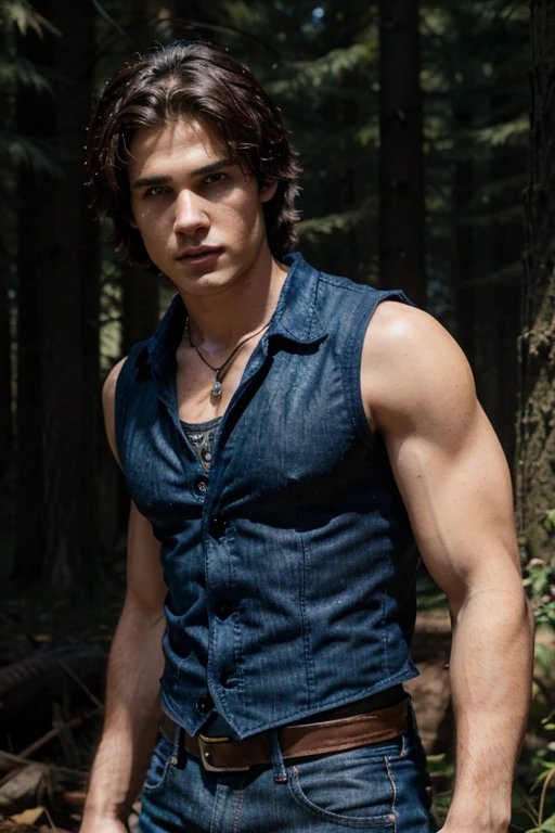 Jeremy Gilbert,Steven R. McQueen, Teen Wolf, 18 years old, short messy black hair, muscular build, blue eyes, black sleeveless shirt, blue denim vest, dark blue jeans, black belt, colored combat boots light brown, bat pendant, forest background with fog