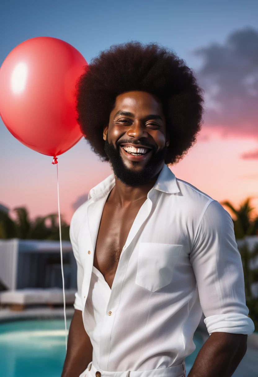 photograph of an afro man like a flame against the twilight sky., radiating unbridled beauty, wearing a sexy casual white outfit at a pool bar in Miami, with a red balloon Big smile on the face