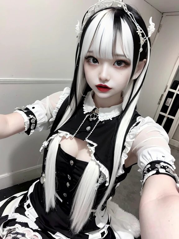 Sexy and firm super small breasts、Small breasts and exposed 、RAW Photos, 8K, (Highest quality), Realistic, (live-action, Intricate details), (Natural skin texture, Detailed skin, Hyperrealism, Sharpness), (Japanese teenage girl standing in an abandoned apartment), ((Black and white Jirai fashion:1.6)),Slender body, ((Gray Hair, Straight long hair, Blunt bangs)), ( Fascinating face, Provocative look, Part your lips:1.3, eye shadow, eyeliner, Tear bags, Red lipstick), thigh, Spot lighting:1.3, Cowboy Shot、