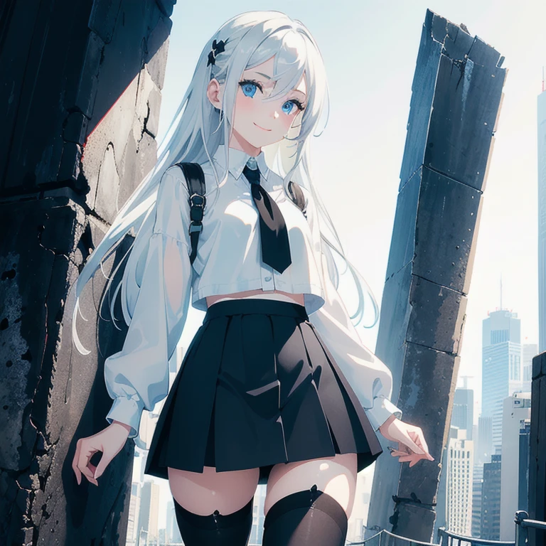 (1 girl), (Masterpiece, Best quality, ultra high resolution), Silver hair, Pale skin, Beautiful detailed face, Detailed eyes, posing on a, On a white background, Dynamic lighting, dynamic shadowing, looking at viewer, White stone punk fashion, (Posing for a photo), ((White clothes with blue details)), (((black thigh highs))), ((jean shorts, skirt)), white sweater, blouse, jacket, ((Blue eyes)), happy, smiling, black straps, black strap design, ((Long white hair)), energetic, cheerful, cityscape background, blue highlights, blue tertiary color
