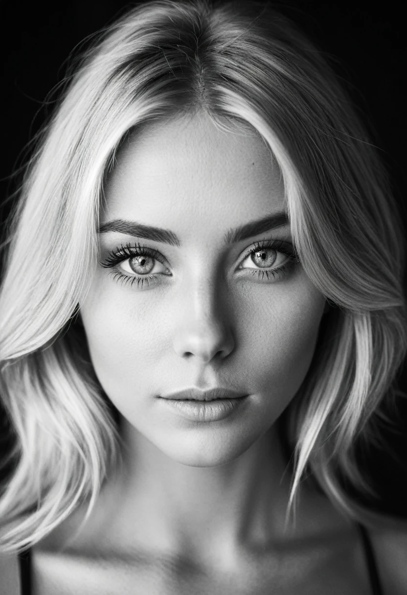 b&w, instagram photo, portrait photo of 26 y.o blonde woman, perfect detailed eyes, natural skin, hard shadows, film grain