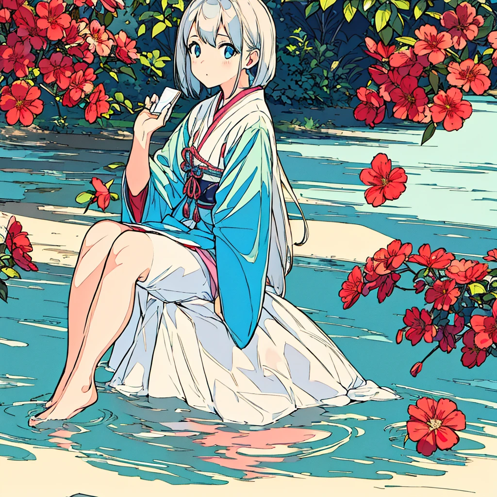 Full-body close-up of a girl in a white dress sitting facing forward Japanese summer nostalgic pastel