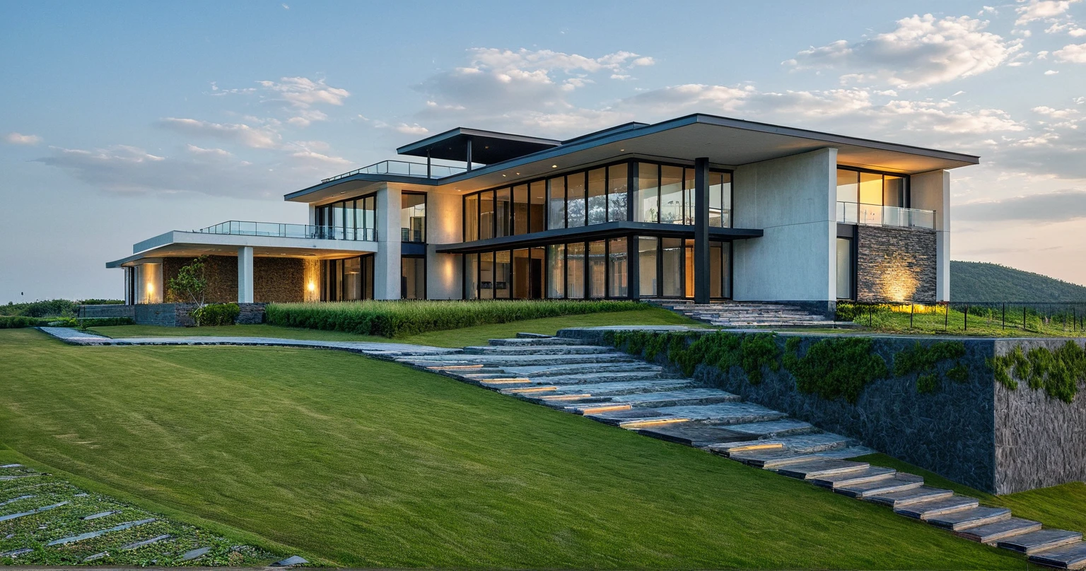 Masterpiece, high quality, best quality, authentic, super detail, outdoors, onestoreyvillaXL, aiaigroup, villa style modern on the hill,stairs, white wall, slate stone brick wall, black steel, grass, trees, sky, cloud, tree background (daylight:1.1)