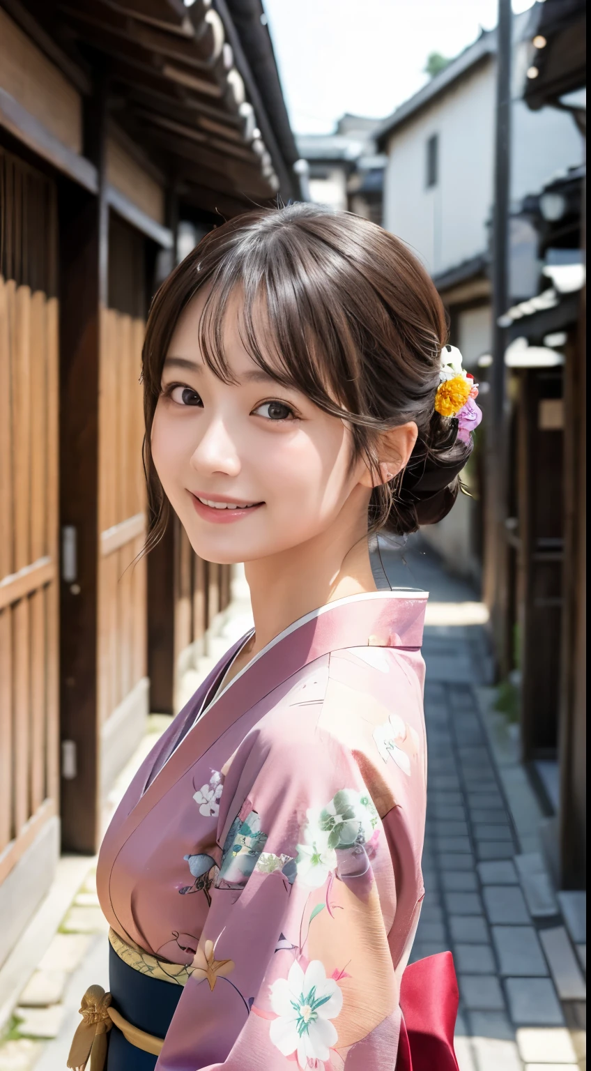 Professional Lighting,(Realistic:1.4), (Top image quality:1.0), (超High resolution:1.0), 8K, Raw photography, (masterpiece:0.2), (Dealing with the Children_v1:0.5)、(最高quality Detail:1.2)、Realistic、8K Ultra HD、High resolution、(1 Girl:1.2)、超detailedな、High quality textures、複雑なdetailed、detailed、Very detailed CG、High quality shadows、detailed 美しく繊細な顔、Beautiful details and a delicate eye、(Symmetrical eyes:1.2),Written boundary depth、Ray Tracing,1 Girl, Japanese Girls, (Natural smile:1.4),cute, thin, Portrait of a beautiful Japanese woman in a kimono, Standing elegantly on a street corner in Kyoto. Kimono with vibrant traditional patterns, Hair decorated with elegant and delicate hairpins, Gentle expression. (With the old streets of Kyoto in the background:1.4)、The soft light of a spring afternoon、Adding tranquility to the scene. Rendered in a Realistic style with great attention to detail, High resolutionの画像.Sky Porn, Magic Hour, (Realistic:1.3), finely, quality, (Tabletop:1.2), (Realistic:1.2), (最高quality), (複雑なdetailed), dramatic, Ray Tracing, photograph, +roller