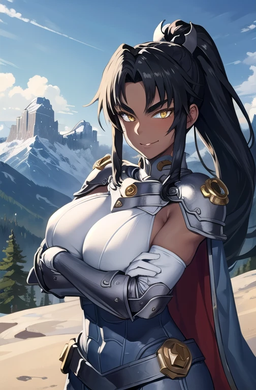 (masterpiece, best quality, detailed), 1girl, solo, looking at viewer, mirabell, dark skin, hair ornament, ponytail,
armor, breastplate, armored dress, cape, gloves, pauldrons, outdoors, mountain, castle, fantasy, scenery, sky, crossed arms, breast hold, arms under breasts, smile, closed mouth, smug