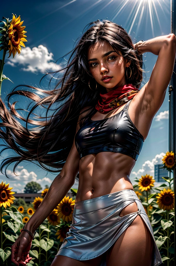 1girl, white crop top, navel, black skirt, black hair, long hair, straight hair, outside, sunflowers, red scarf, sunrays, watch, green eyes, bare arms, elbow squeeze