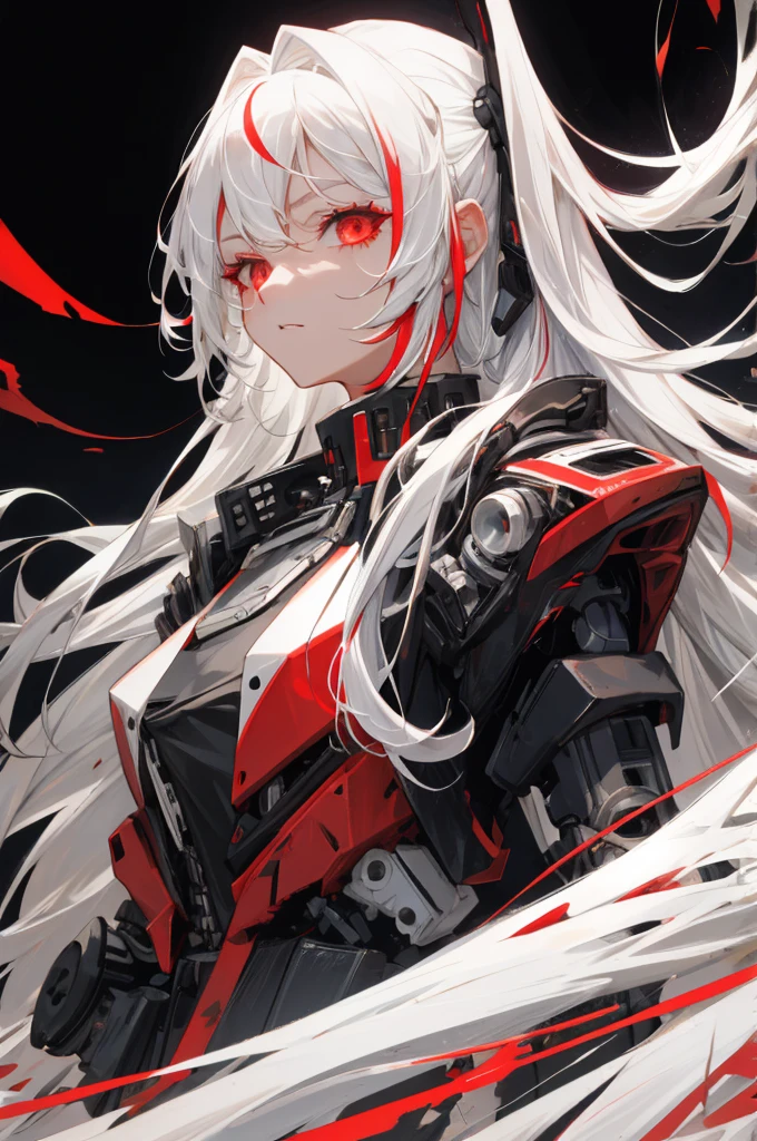 best quality, simple Details, 1 girl, Long hair, white hair, tousled hair, Rote Highlights, red eye, good eyes, neck ribbon, neon shirt, torn legwear, open jacket, simple background, full body, robotic parts