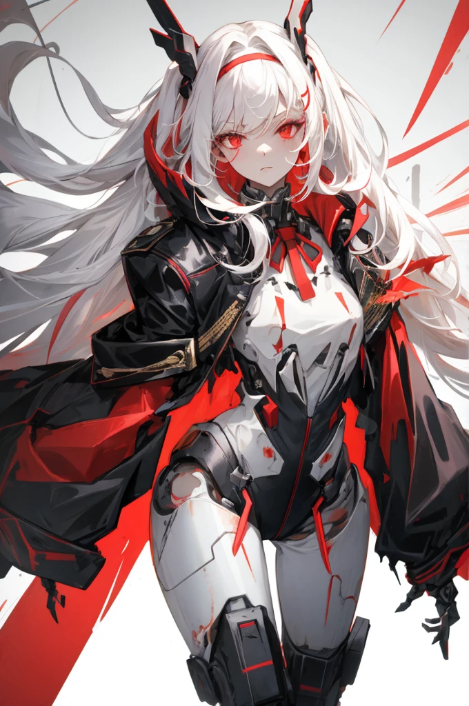 best quality, simple Details, 1 girl, Long hair, white hair, tousled hair, Rote Highlights, red eye, good eyes, neck ribbon, neon shirt, torn legwear, open jacket, simple background, full body, robotic parts