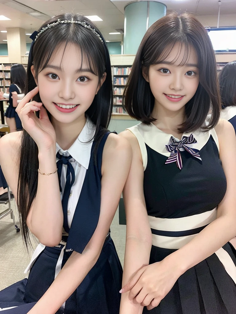 (Super cute Korean high school girls duo take photos 1.2)(grin,Smile)(Beautiful Sweat:1.1)(16K, RAW Photos, Highest quality, masterpiece: 1.2),(Beautiful short bob hair with even bangs, black hair) Super detailed, Super Resolution, (Genuine, Genuine photos: 1.37), Portraiture, High-resolution RAW color photos, Professional photos, Very detailed, 8k wallpaper, Very detailed CG Unity 8k wallpaper, Very detailed beautiful girls, Very detailed faces, ((whole body)), beautiful woman, Huge breasts,(huge boobs:1.1) (Big Boobs:1.1), Beauty college student (A tight, girly, navy sleeveless with ribbon),high school girl, Korean Girls,(K-POP Female Idols), (Idol-class beauty)(Beautiful high school girl:1.1)(A library filled with books)(18-year-old)(Stylish school uniform-style outfit:1.1)(Group photo:1.1)(Tattoo,Tattoo:1.0)