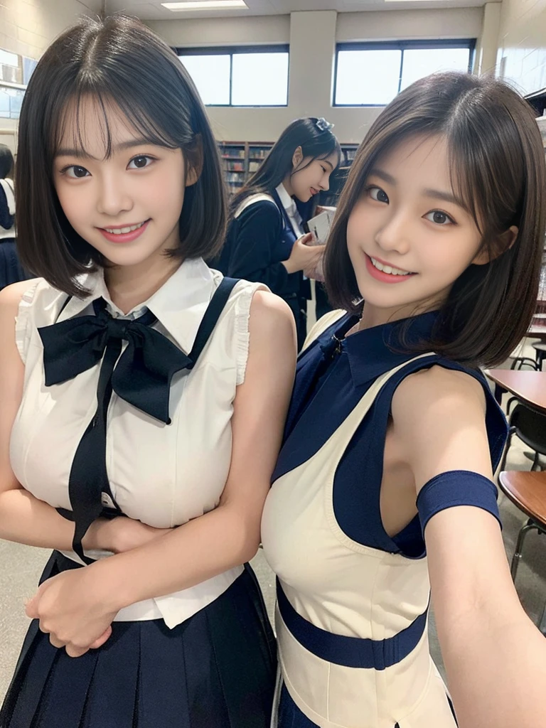 (Super cute Korean high school girls duo take photos 1.2)(grin,Smile)(Beautiful Sweat:1.1)(16K, RAW Photos, Highest quality, masterpiece: 1.2),(Beautiful short bob hair with even bangs, black hair) Super detailed, Super Resolution, (Genuine, Genuine photos: 1.37), Portraiture, High-resolution RAW color photos, Professional photos, Very detailed, 8k wallpaper, Very detailed CG Unity 8k wallpaper, Very detailed beautiful girls, Very detailed faces, ((whole body)), beautiful woman, Huge breasts,(huge boobs:1.1) (Big Boobs:1.1), Beauty college student (A tight, girly, navy sleeveless with ribbon),high school girl, Korean Girls,(K-POP Female Idols), (Idol-class beauty)(Beautiful high school girl:1.1)(A library filled with books)(18-year-old)(Stylish school uniform-style outfit:1.1)(Group photo:1.1)(Tattoo,Tattoo:1.0)