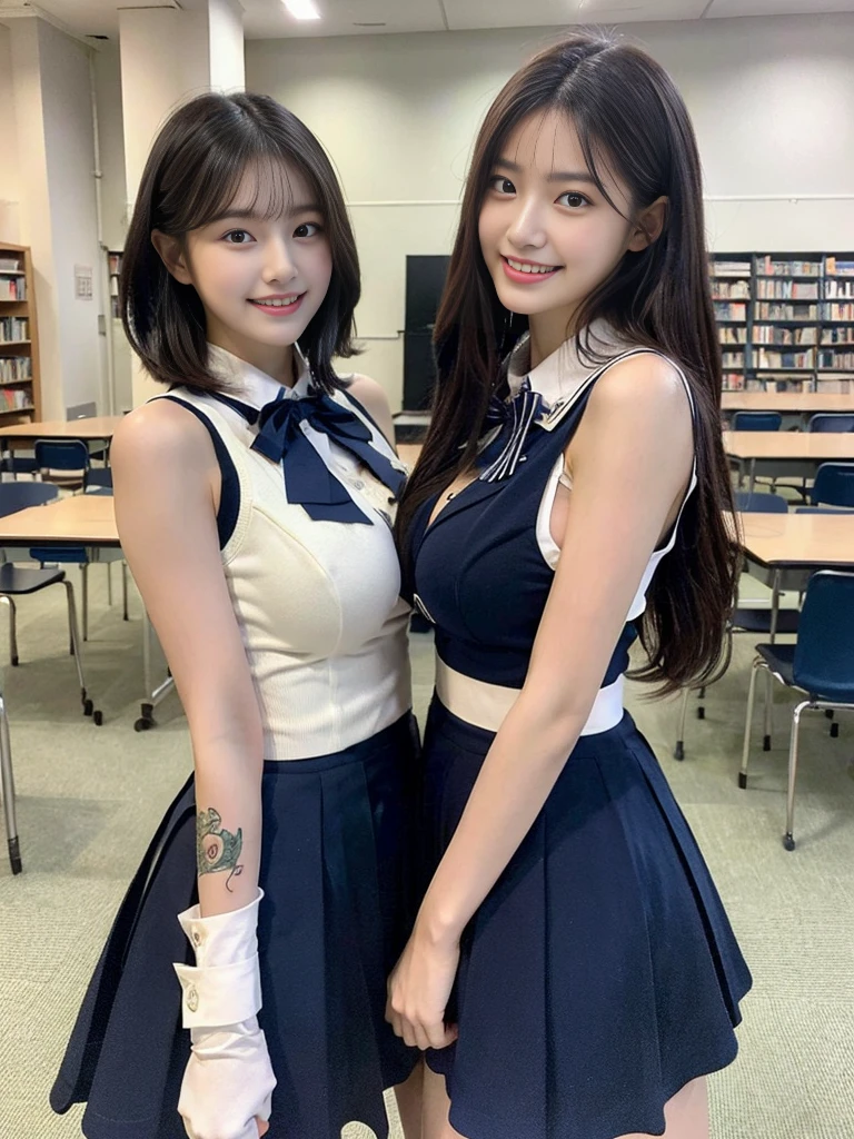 (Super cute Korean high school girls duo take photos 1.2)(grin,Smile)(Beautiful Sweat:1.1)(16K, RAW Photos, Highest quality, masterpiece: 1.2),(Beautiful short bob hair with even bangs, black hair) Super detailed, Super Resolution, (Genuine, Genuine photos: 1.37), Portraiture, High-resolution RAW color photos, Professional photos, Very detailed, 8k wallpaper, Very detailed CG Unity 8k wallpaper, Very detailed beautiful girls, Very detailed faces, ((whole body)), beautiful woman, Huge breasts,(huge boobs:1.1) (Big Boobs:1.1), Beauty college student (A tight, girly, navy sleeveless with ribbon),high school girl, Korean Girls,(K-POP Female Idols), (Idol-class beauty)(Beautiful high school girl:1.1)(A library filled with books)(18-year-old)(Stylish school uniform-style outfit:1.1)(Group photo:1.1)(Tattoo,Tattoo:1.0)