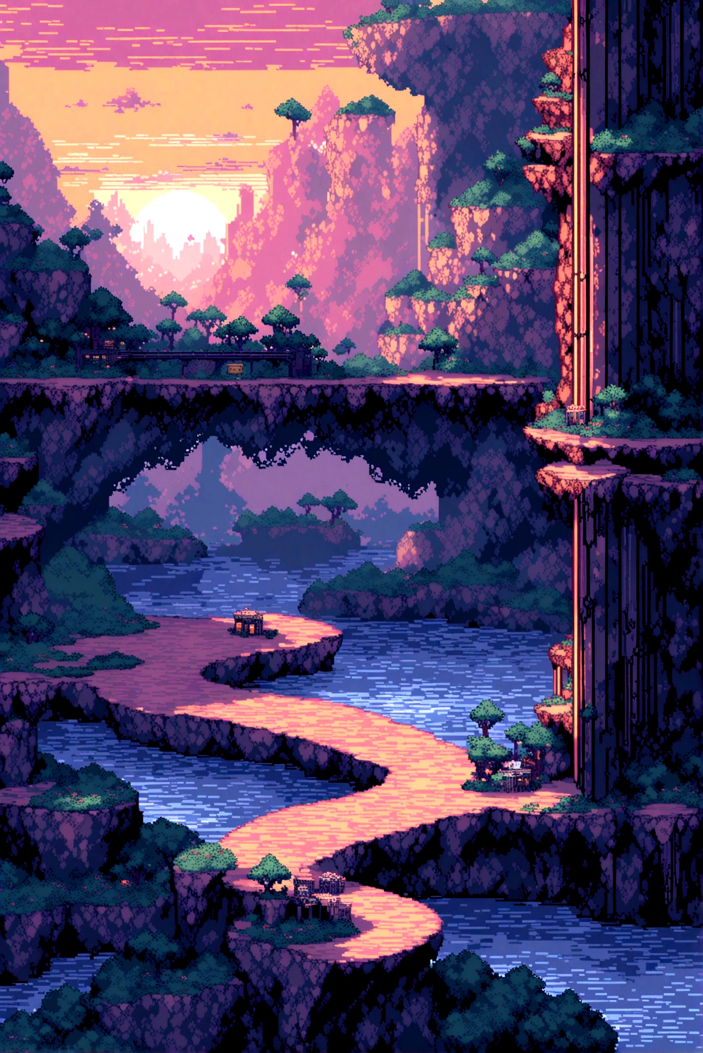 Sidescroller, game, game artwork, Futuristic, neonpunk, Pixel art tourist destination landscape, evening, 3d pixel art 4k wallpaper, incredible pixel art details, pixel art, futuristic waves, detailed unreal engine pixel art, sidescroller game