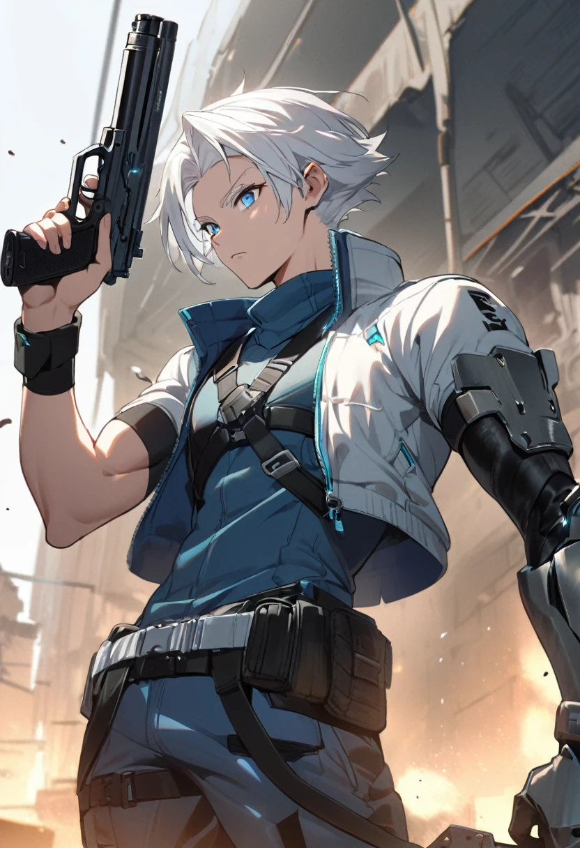 1man, white hair, 1metal arm, holding pistol, blue eyes, tech wear, jacket, from bellow