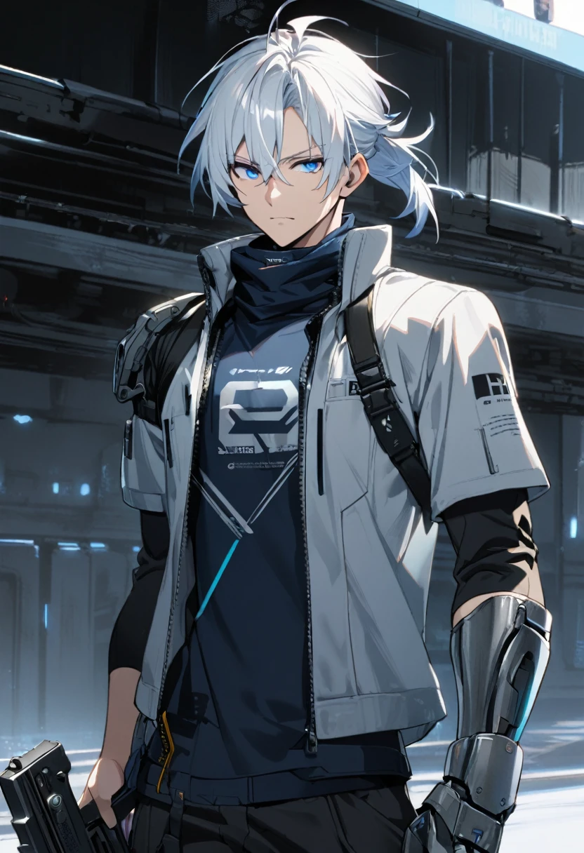 1man, white hair, 1metal arm, holding pistol, blue eyes, tech wear, jacket, from bellow