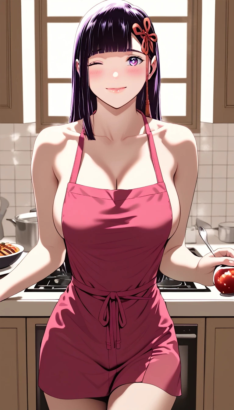 (hews art style:0.7), score_9, score_8_up, score_7_up, score_6_up, uncensored, YamashiroRen, long hair, black hair, blunt bangs, hair ornament, purple eyes, BREAK (masterpiece:1.2), best quality, high resolution, (beautiful detailed eyes:1.3), perfect lighting, (perfect hands, perfect anatomy), hearts, pleasured, naked_apron, large_breasts, cleavage, smile, blush, looking_at_viewer, collarbone, solo, holding, food, bare_shoulders, kitchen, jewelry, closed_mouth, indoors, cowboy_shot, wink, standing, sideboob, rating:safe, tiles, mature, thighs,