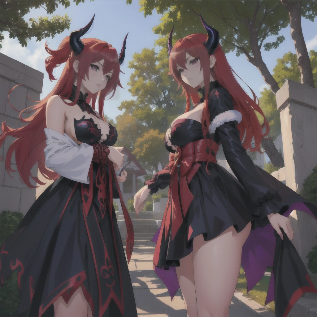 anime girl with red hair and horns in front of a tree, demon anime girl, beautiful together, together, naked together, Rias Gremory, Lilith, together | Mediovale, demon girl, anime monster girl, demon mika kurai, dragon girl, demon, together in a portrait summer naked, seductive anime girl, put long hair on both. Golden hour. lighting with image component in purple and blue tones. Take off your clothes