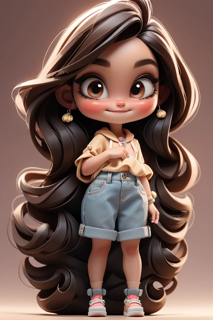 Create a series of cute baby chibi style dolls, black fur, eyes browns, brownhair, tema it girl, cute clothes bright colors, girly accessories, 8K resolution, fully body, solid background, she must be alone in the picture, happy and smiling, make-up, rosy cheeks, long eyelashes, bright and big eyes, high heel shoes, add cute details to the outfit,stylish, fashion, gabrielle union, black skin, foto fully body, Descreva a pessoa na foto de fully body, showing the (fully body, including the legs: 1.5), wearing jeans shorts