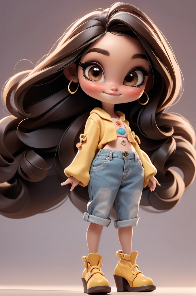 Create a series of cute baby chibi style dolls, black fur, eyes browns, brownhair, tema it girl, cute clothes bright colors, girly accessories, 8K resolution, fully body, solid background, she must be alone in the picture, happy and smiling, make-up, rosy cheeks, long eyelashes, bright and big eyes, high heel shoes, add cute details to the outfit,stylish, fashion, gabrielle union, black skin, foto fully body, Descreva a pessoa na foto de fully body, showing the (fully body, including the legs: 1.5), wearing jeans shorts