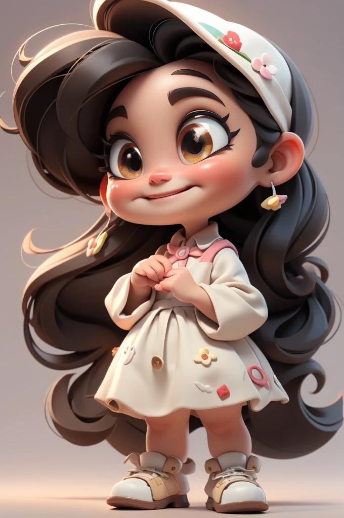 3d illustration, pixar style, cute chibi,  , black hair, red bow in hair, dress red with black with white dots, bright eyes, big eyelash, pink cheeks, happy, smiling, glitter, white socks, red high heels shoes, exuberant, fantastic, cute pose, wonderful, white background, clean solid background, hq, 8k, masterpiece
