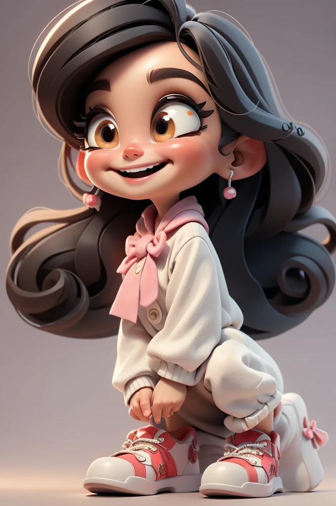 3d illustration, pixar style, cute chibi, baby girl , black hair, red bow in hair, dress red with black with white dots, bright eyes, big eyelash, pink cheeks, happy, smiling, glitter, white socks, red high heels shoes, exuberant, fantastic, cute pose, wonderful, white background, clean solid background, hq, 8k, masterpiece