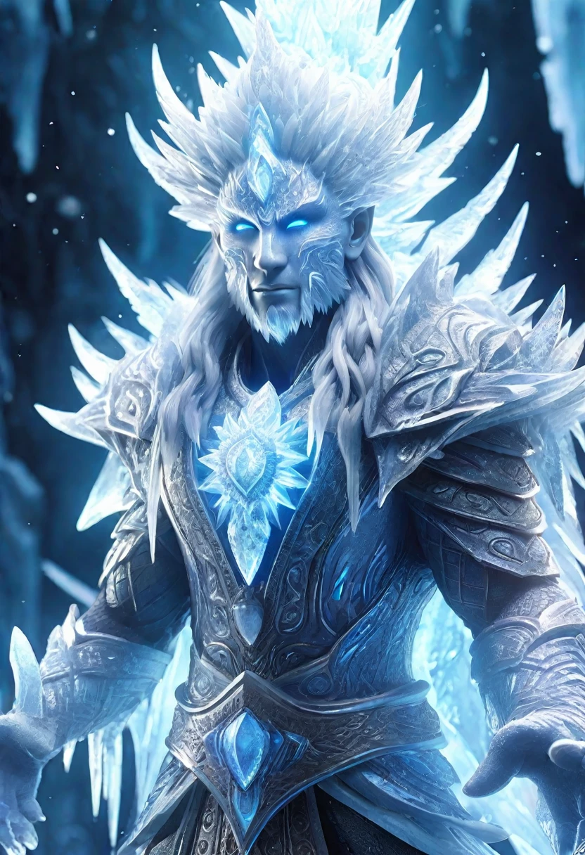 high details, best quality, 8k, [ultra detailed], masterpiece, best quality, (extremely detailed), full body, ultra wide shot, photorealistic, Faiza fantasy art, dnd art, rpg art, realistic art, an ultra wide picture of a male human (1.5 intricate details, Masterpiece, best quality) god of ice ((frozen radiant aura)), controlling a swirling icy blue radiant magic (1.5 intricate details, Masterpiece, best quality), manipulating blue radiant magical symbols, [[divine symbols]] (1.5 intricate details, Masterpiece, best quality), human male, ice hair, long hair with icy mist, hair with red icy radiant eyes, intense eyes, ((radiant eyes)), (( blue glowing eyes)), dynamic clothing, fantasy frozen background, ice stalactite and stalagmite, celestial background, ((divine worship atmosphere)), high details, best quality, UHD, ultra wide angle