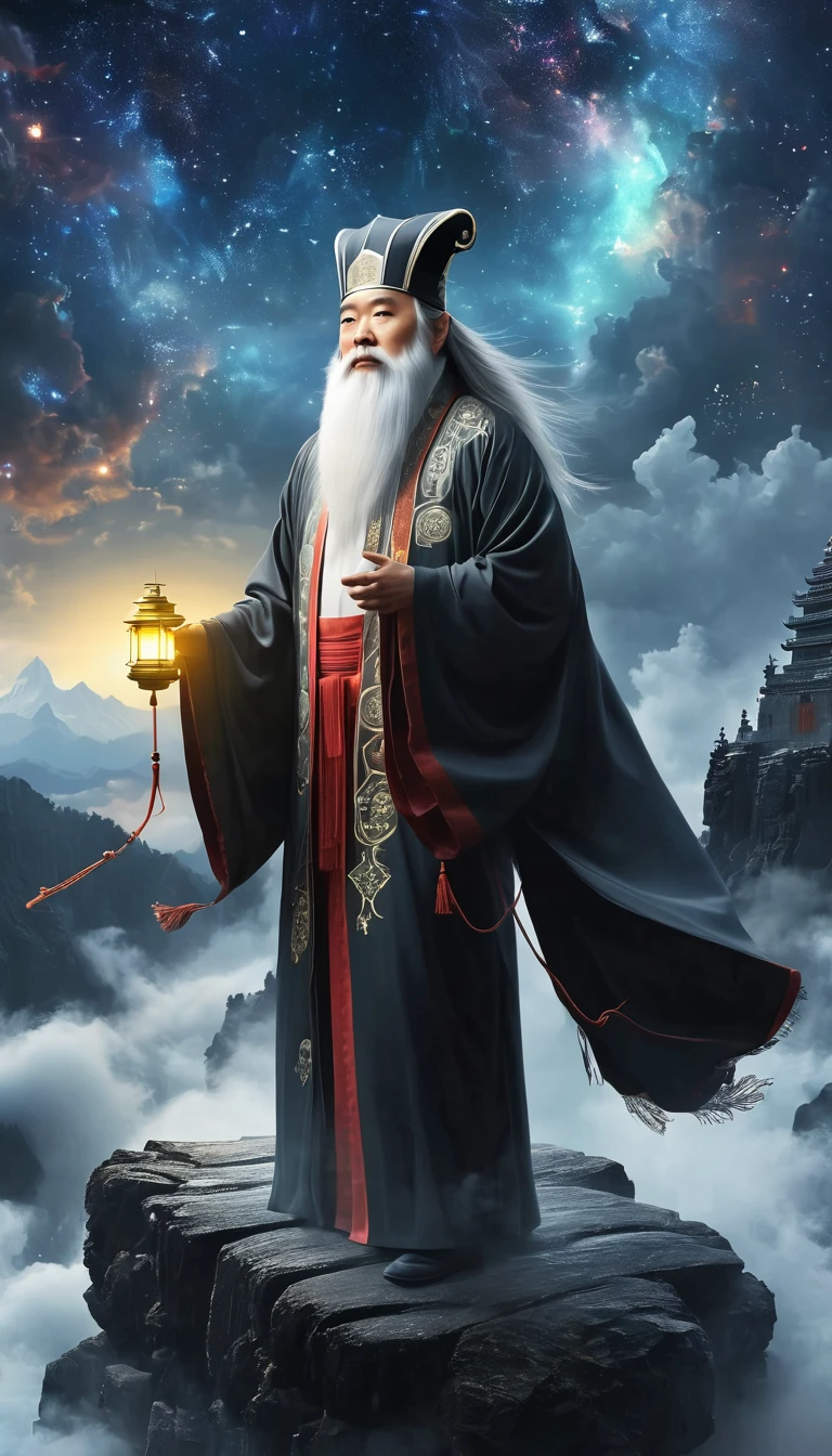 a wise old Chinese Taoist sorcerer in flowing black robe, long white beard and eyebrows, wearing a traditional scholar's hat, standing on a mountain peak gazing at the starry night sky, surrounded by glowing mystical runes and symbols, ethereal atmosphere, highly detailed, cinematic lighting, digital art, concept art, fantasy