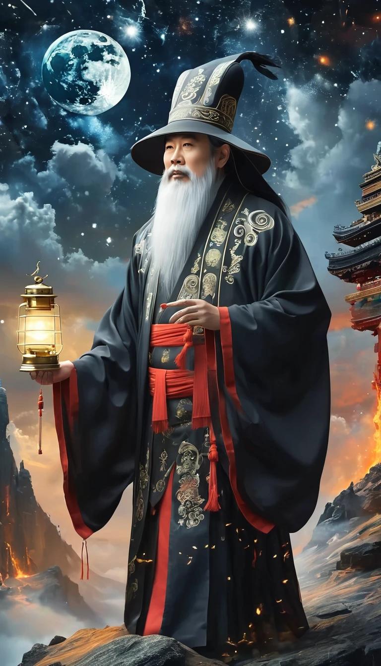 a wise old Chinese Taoist sorcerer in flowing black robe, long white beard and eyebrows, wearing a traditional scholar's hat, standing on a mountain peak gazing at the starry night sky, surrounded by glowing mystical runes and symbols, ethereal atmosphere, highly detailed, cinematic lighting, digital art, concept art, fantasy