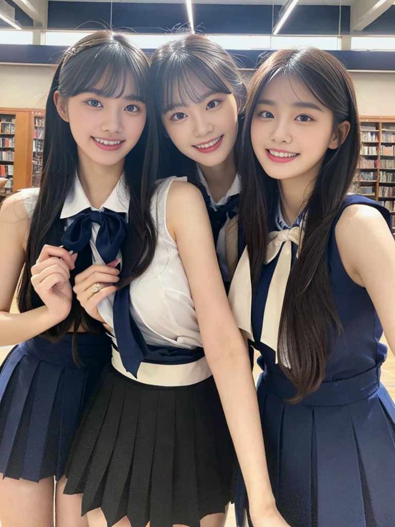 (Super cute Korean high school girls duo take photos 1.2)(grin,Smile)(Beautiful Sweat:1.1)(16K, RAW Photos, Highest quality, masterpiece: 1.2),(Beautiful short bob hair with even bangs, black hair) Super detailed, Super Resolution, (Genuine, Genuine photos: 1.37), Portraiture, High-resolution RAW color photos, Professional photos, Very detailed, 8k wallpaper, Very detailed CG Unity 8k wallpaper, Very detailed beautiful girls, Very detailed faces, ((whole body)), beautiful woman, Huge breasts,(huge boobs:1.1) (Big Boobs:1.1), Beauty college student (A tight, girly, navy sleeveless  with ribbon),high school girl, Korean Girls,(K-POP Female Idols), (Idol-class beauty)(Beautiful high school girl:1.1)(A library filled with books)(18-year-old)(Stylish school uniform-style outfit:1.1)(Group photo:1.1)(Tattoo,Tattoo:1.0)