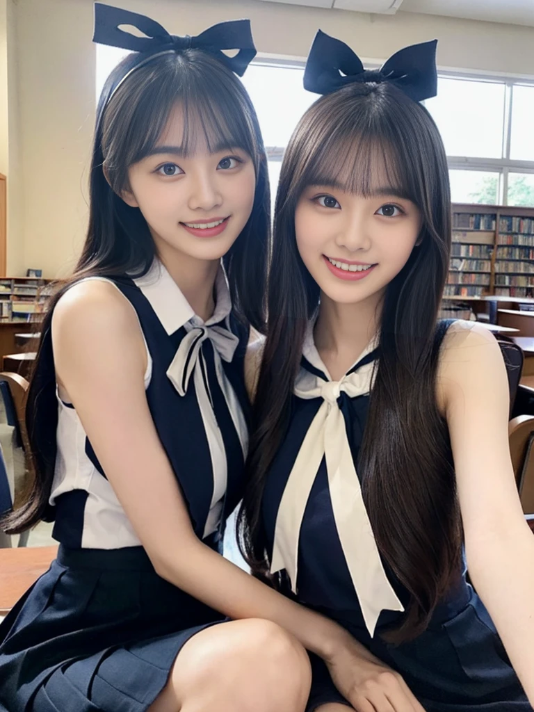 (Super cute Korean high school girls duo take photos 1.2)(grin,Smile)(Beautiful Sweat:1.1)(16K, RAW Photos, Highest quality, masterpiece: 1.2),(Beautiful short bob hair with even bangs, black hair) Super detailed, Super Resolution, (Genuine, Genuine photos: 1.37), Portraiture, High-resolution RAW color photos, Professional photos, Very detailed, 8k wallpaper, Very detailed CG Unity 8k wallpaper, Very detailed beautiful girls, Very detailed faces, ((whole body)), beautiful woman, Huge breasts,(huge boobs:1.1) (Big Boobs:1.1), Beauty college student (A tight, girly, navy sleeveless with ribbon),high school girl, Korean Girls,(K-POP Female Idols), (Idol-class beauty)(Beautiful high school girl:1.1)(A library filled with books)(18-year-old)(Stylish school uniform-style outfit:1.1)(Group photo:1.1)(Tattoo,Tattoo:1.0)