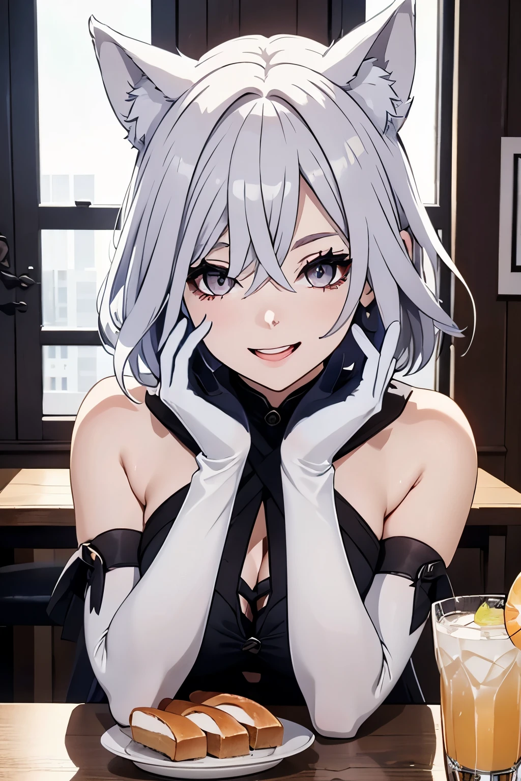 table top　High level image quality　best image quality　8K　 adult woman　portrait　white long gloves（elbow gloves）　White bread　cocktail dress（sleeveless）white wolf ears　short hair（（shortcut）（gray hair）（perm）（fluffy））　eye color is blue　attractive face（（laughter）（smile）（open your mouth））　beautiful feet　Are standing　view from below