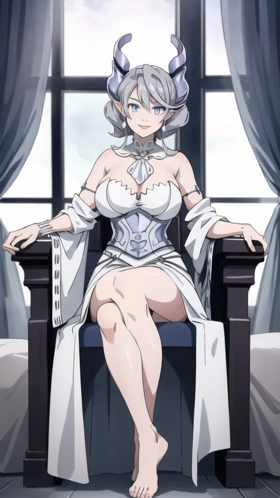 Beautiful arts wallpaper moonlight Outside castle top High level image quality best image quality 8K adult woman silver castle hall more colors whole body view portrait wearing pure white Goddess dress horn ears short hair((shortcut)(gray hair)(perm)(fluffy)) eye color is blue , , attractive evil face , smile , labrynth , barefoot , teasing with her breast, , sitting with crossed legs on piano , looking at the windows , stovie , crystal chandaglier , white curtains