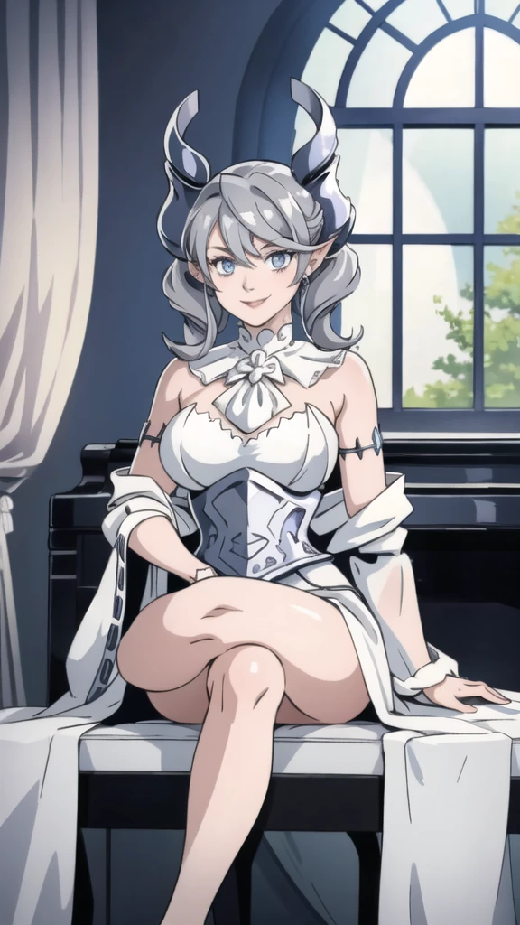 Beautiful arts wallpaper moonlight Outside castle top High level image quality best image quality 8K adult woman silver castle hall more colors whole body view portrait wearing pure white Goddess dress horn ears short hair((shortcut)(gray hair)(perm)(fluffy)) eye color is blue , , attractive evil face , smile , labrynth , barefoot , teasing with her breast, , sitting with crossed legs on piano , looking at the windows , stovie , crystal chandaglier , white curtains