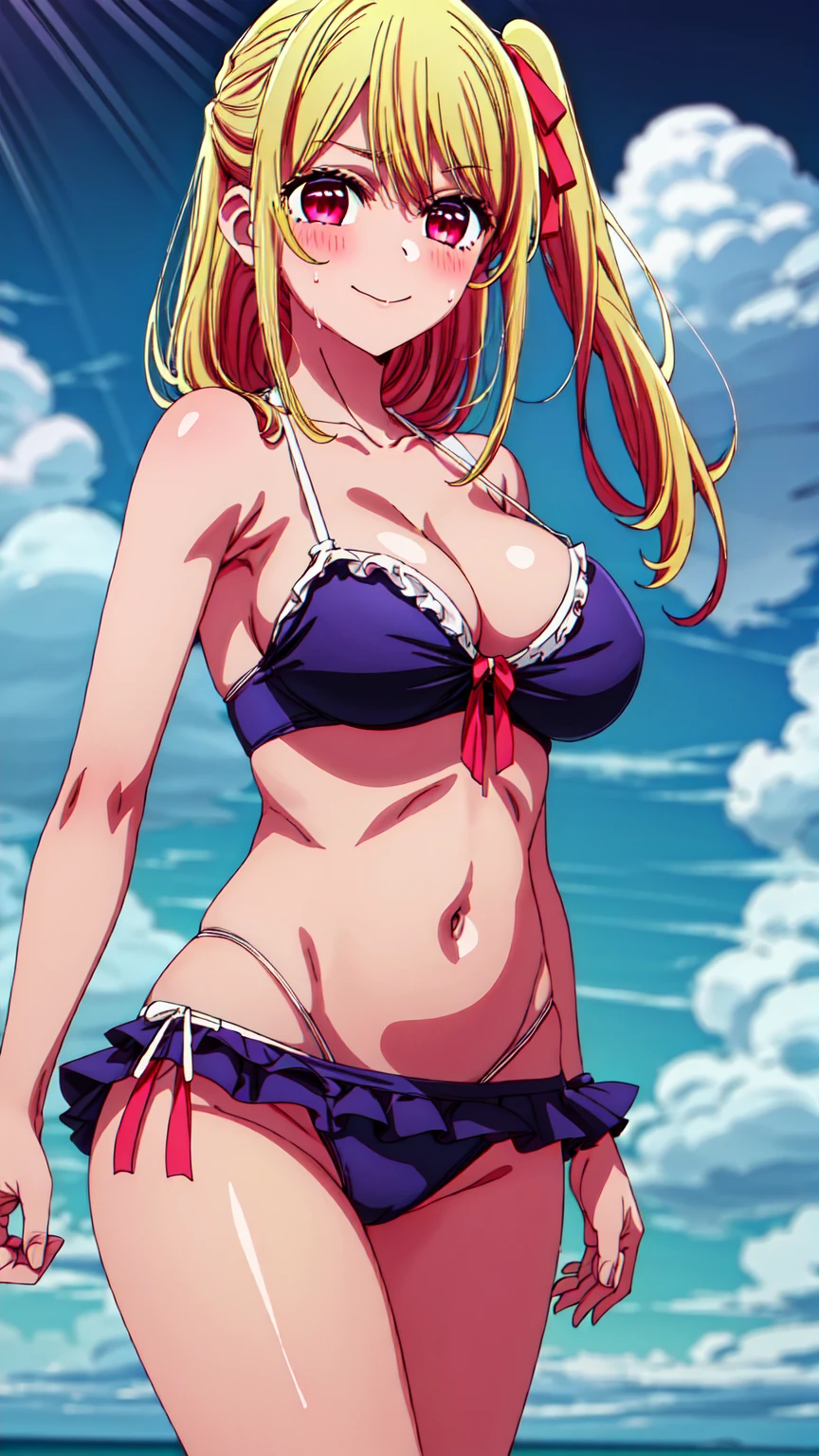 best quality, masterpiece, highres, solo, {ruby_oshinoko:1.15}, blonde_hair, bangs, long_hair, blush, closed_mouth, 1girl,pink_eyes, hair_between_eyes, hair_ribbon, pink_ribbon, ribbon, red_eyes,Smiling, looking at the viewer, Bikini,blue theme, blue background, cloudy sky, sunlight, sweat, orgasmic, bikini swimsuit, large breasts, cleavage, belly button exposed, collarbone, thighs, sea and beach,