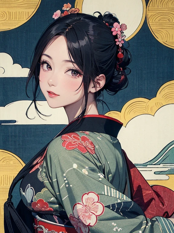 (masterpiece, Highest quality,High resolution, Official Art), (One girl), Bright and vivid color patterns in Japanese clothing、Black hair in a Japanese round topknot,Traditional Japanese patterned fabric, (Dynamic movements),(Shiny skin), (Many colors:1.4), ( Ukiyo-e background,moon,flower,cloud )