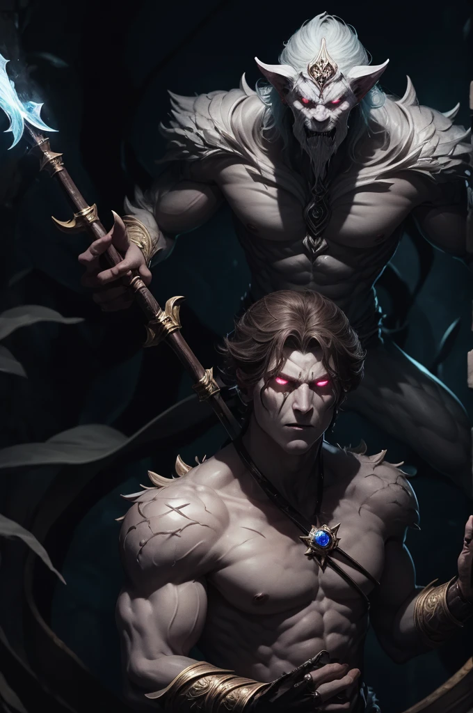 Pale white male monster with a staff and gems imbued in body split face, not humanoid