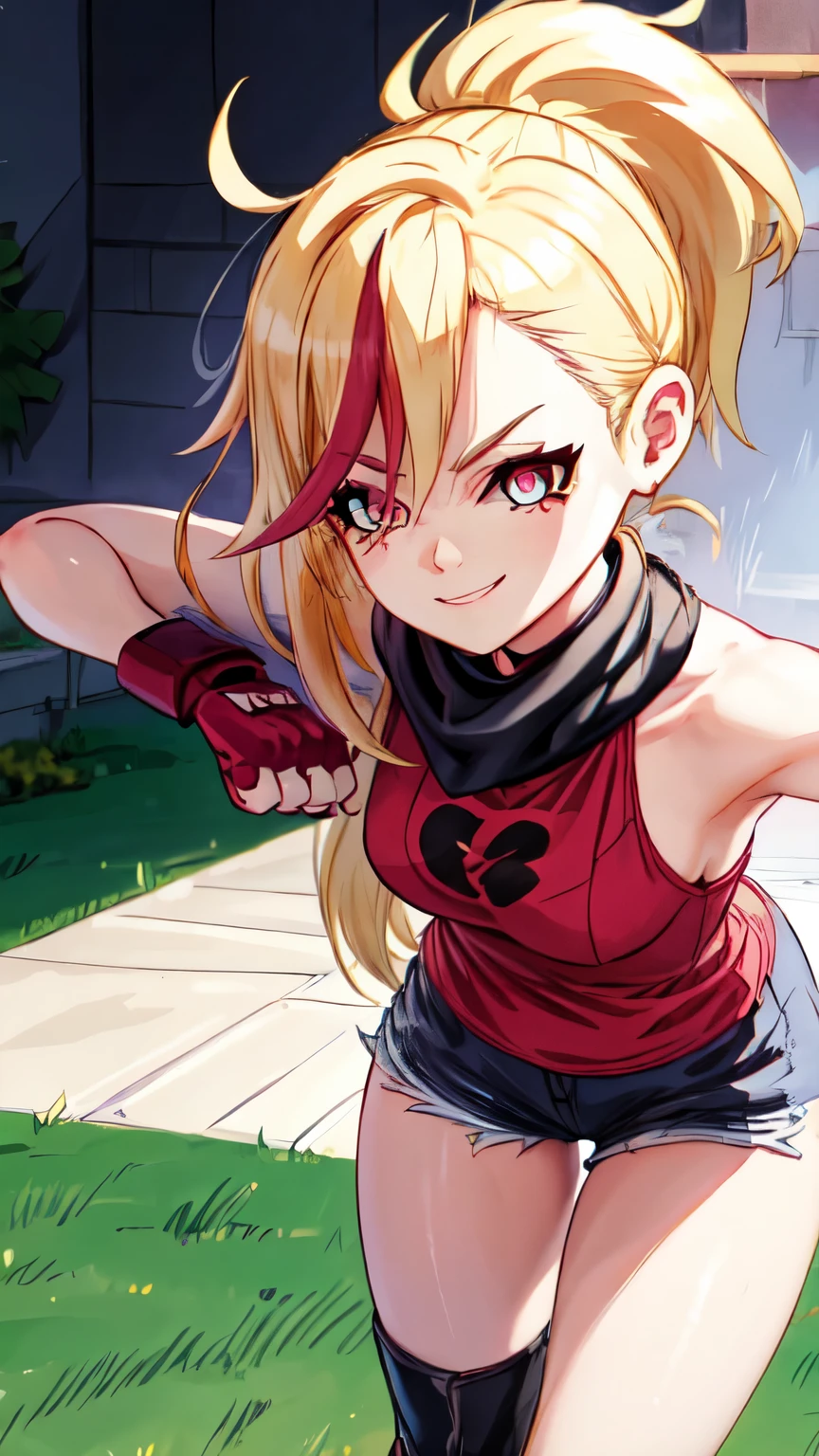 (best quality:1.2),solo,1girl,mdrin,smile,looking at viewer,lovely pose, ponytail,v-shaped eyebrows,red shirt, fingerless gloves,black shorts , garden background, warm color tones,soft lighting, Hair over one eye, ultra long hair, standing on hooftop, long boots, long ponytail, blonde 