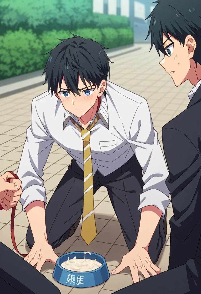 score_9, score_8_wonderful, score_7_wonderful, sauce_anime ,Masamune's Revenge,masamune,Male Focus,Part 1:  , Multiple men,Black trousers,Outdoor,tie，Long sleeve shirt,Get on all fours and place your hands on the floor,penis,Wearing a collar with a leash,Semen in dog food bowl,Black Hair,blue eyes