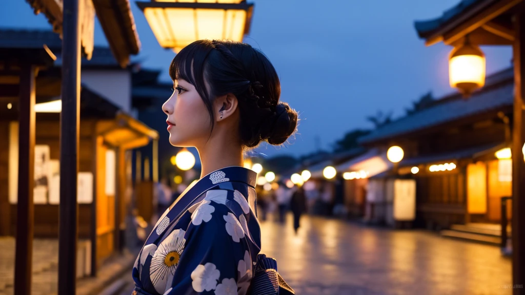 Beautiful 20s woman in yukata, side view, night background