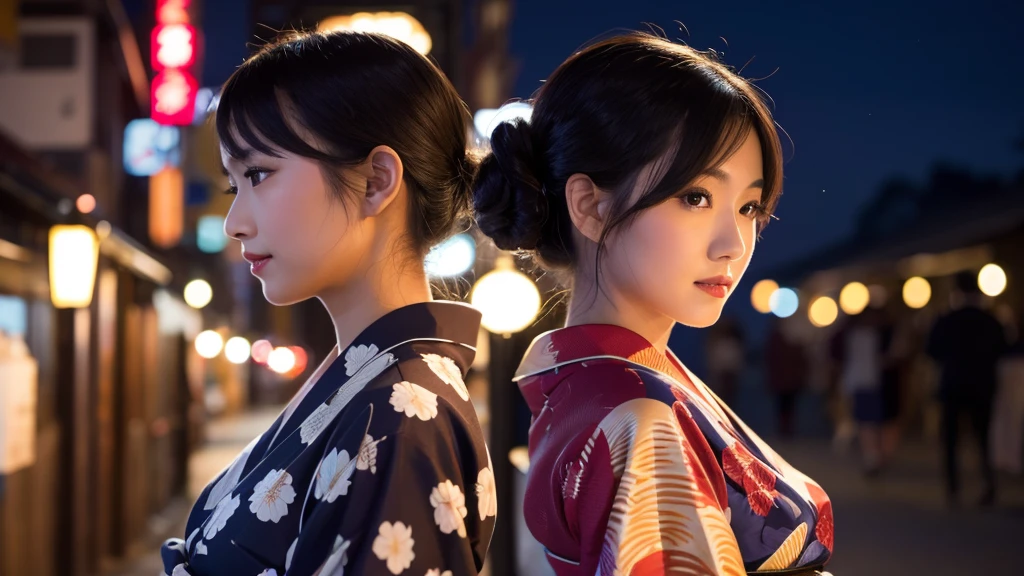 Beautiful 20s woman in yukata, side view, night background