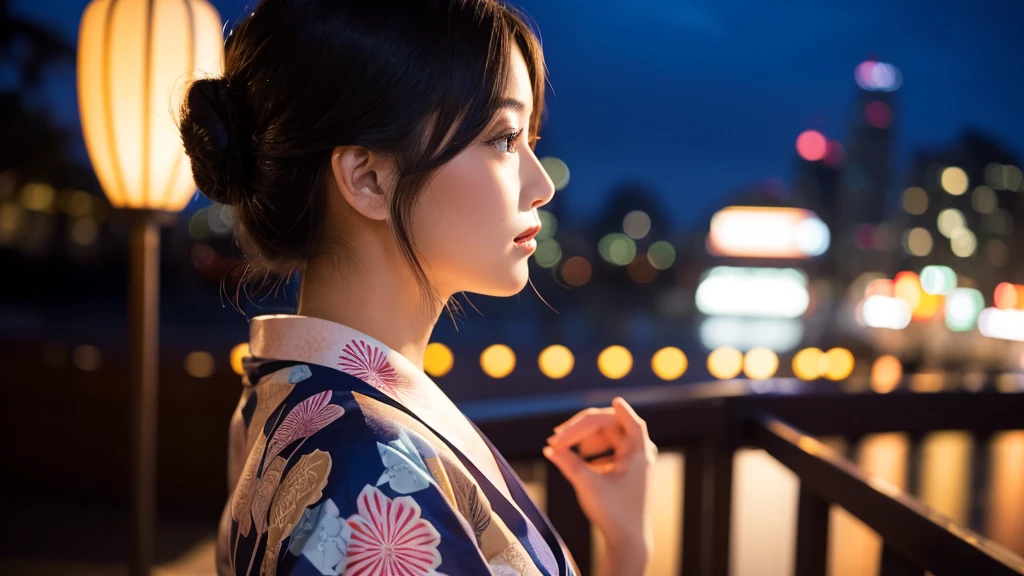 Beautiful 20s woman in yukata, side view, night background
