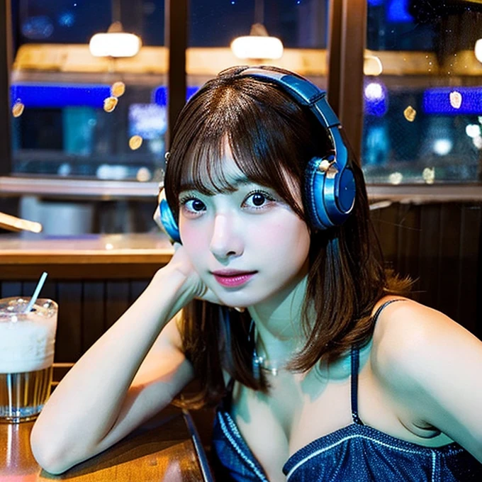 A bar surrounded by stars。A young and beautiful woman、At the bar window、With headphones、While listening to music、Drinking canned chuhai。she、With dark brown short hair、Droopy eyes、and、round face。Blue bikini bra and、Denim shorts、Wearing。