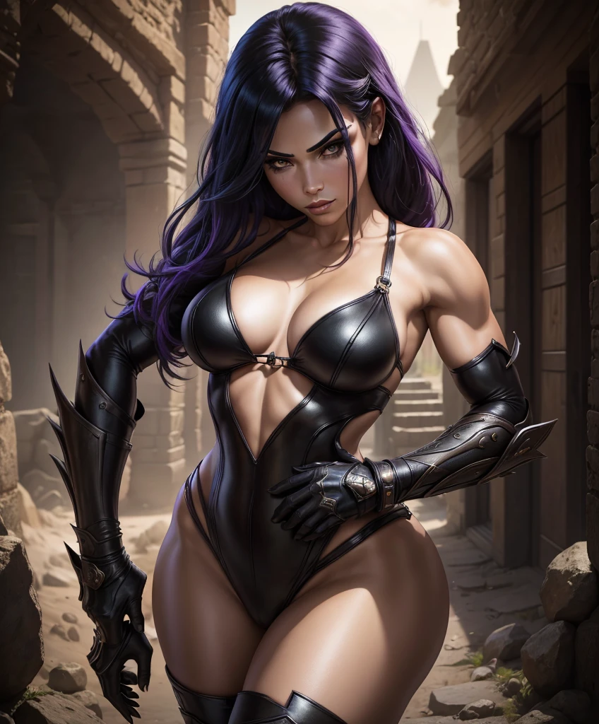 (((Single character image.))) (((1girl))) (((18 years old.))) (((18yo.))) (((Dressed in medieval fantasy attire.))) (((Create a captivating and enigmatic female warrior reminiscent of sexy glamor models.))) (((She wears medieval fantasy attire.))) 18 years old. 18yo. This is a fantasy character portrait. (((Large chest.))) Design a dangerous and sleek female mercenary for a fantasy setting. This is a ruthless mercenary who is dark and sneaky. She looks like a femme fatale in leather clothes. The clothes are black with purple trim and she has a darkly attractive appearance. (((The colors in the image are dark and muted.))) Her hair is long and white and in an exotic style. She is powerful, dangerous and a slender and sleek figure in a dark fantasy setting. Firm breasts. Alluring appearance. Seductive. Dangerously sexy. She wears form-fitting armor, gorgeous face, Dungeons & Dragons character portrait, intricate details, ultra detailed, very intense appearance, ultra detailed clothes, epic masterpiece, ultra detailed, intricate details, award winning, fantasy art concept masterpiece, trending on Artstation, digital art, unreal engine, 8k, ultra HD, centered image,