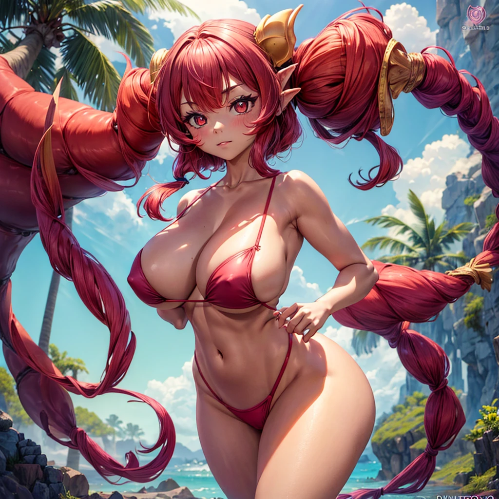 little dragon girl, she is nalgona, she has big breasts, her hair is a mix of red and pink.