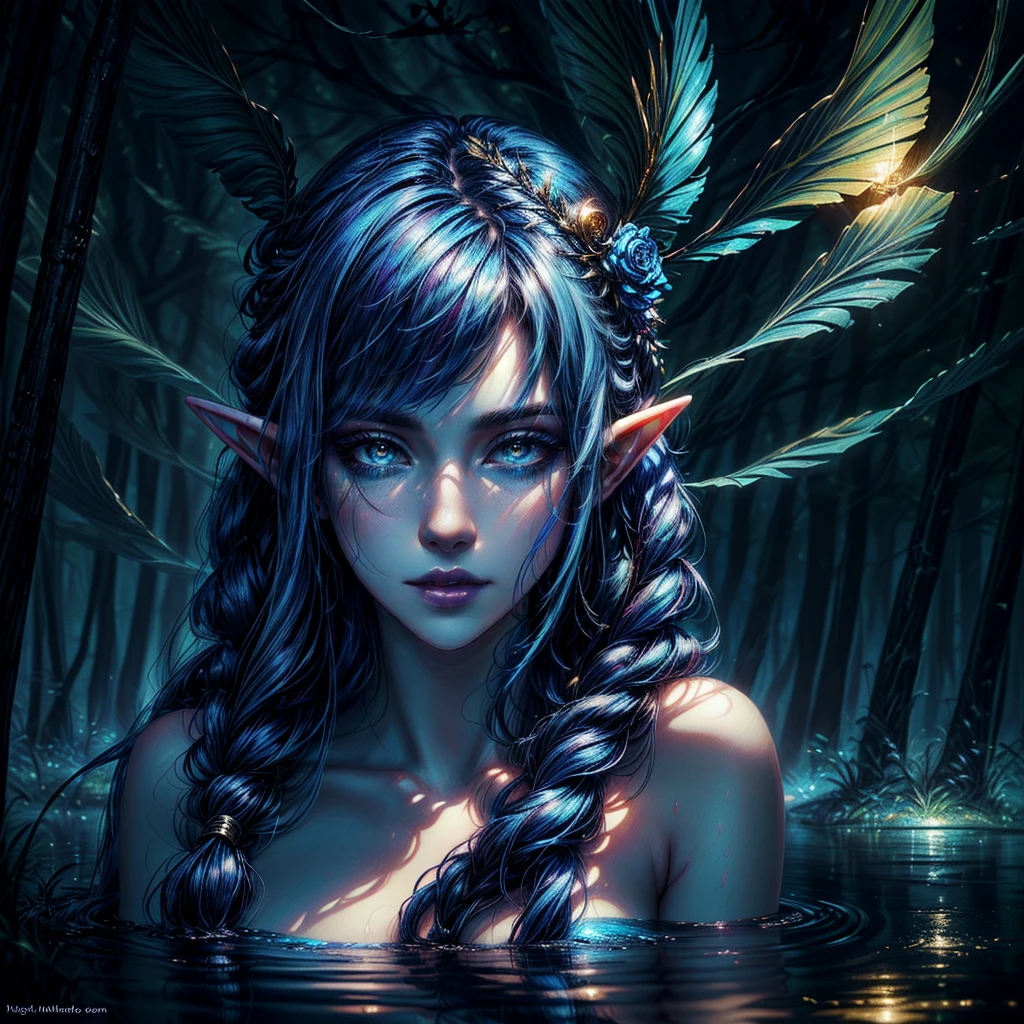 a woman with long blue hair hair and elf make-up stands in a stream, blue silk dress, blue glowing eyes, rain in the background, ((pale blue skin)), 4k fantasy art, detailed fantasy digital art, Realistic fantasy artwork, beautiful fantasy art, HD-Fantasy-Kunst, detailed fantasy art, realistic fantasy painting, very beautiful fantasy art, digital art fantasy art, 4k highly detailed digital art, Detailed digital art in 4K, amazing fantasy art