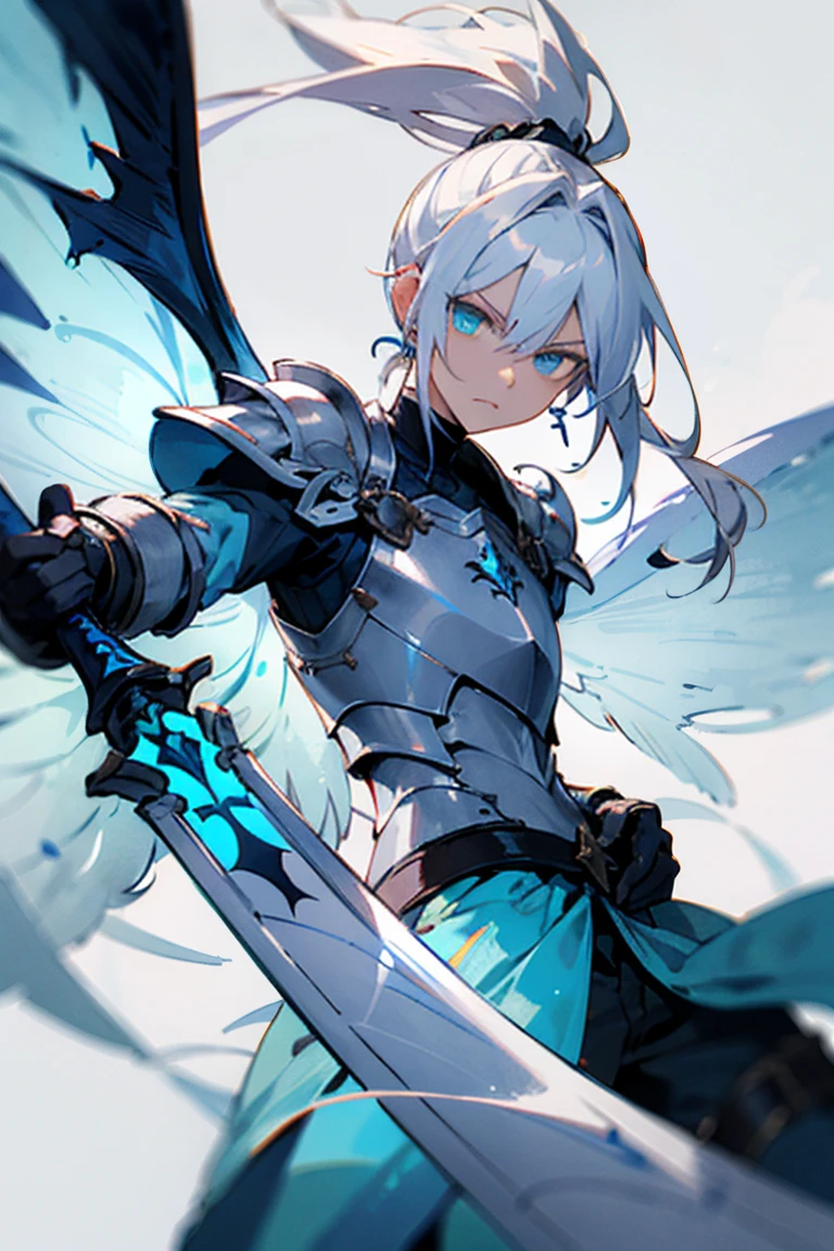 Male, long hair, white hair, ponytail, holding Azure greatsword, closed fairy wings, Azure armor, Azure eyes, serious expression