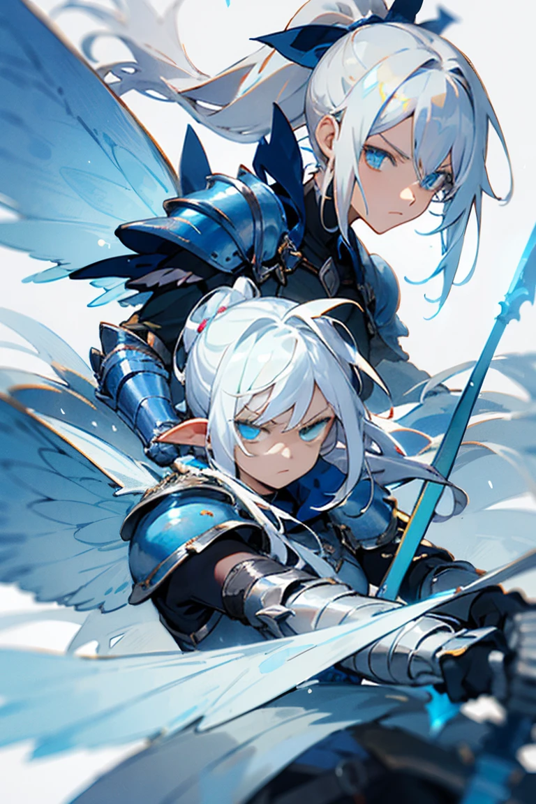 Male, long hair, white hair, ponytail, holding Azure greatsword, closed fairy wings, Azure armor, Azure eyes, serious expression