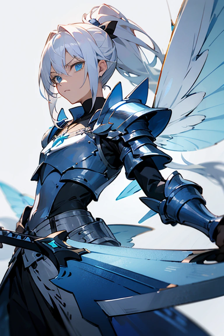 Male, long hair, white hair, ponytail, holding Azure greatsword, closed fairy wings, Azure armor, Azure eyes, serious expression